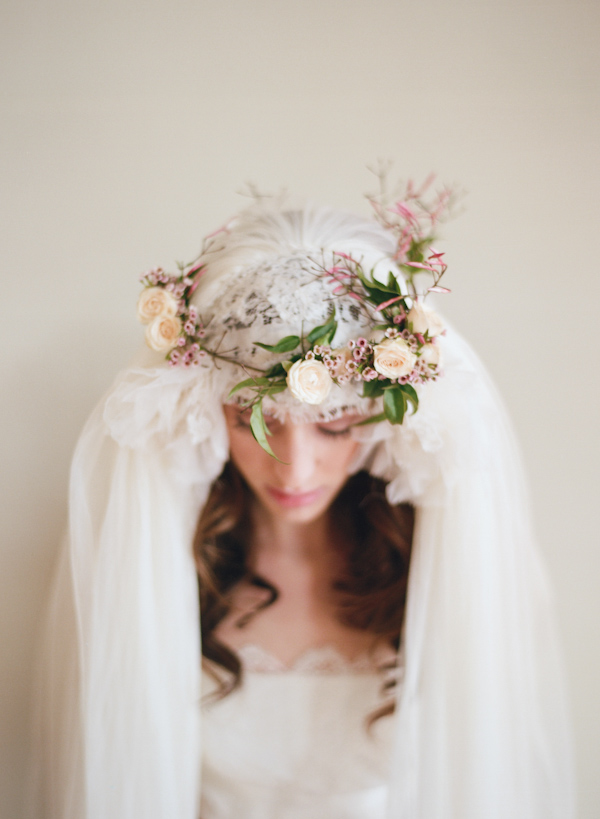 Photo with floral headpiece and cap veil by Elizabeth Messina Photography